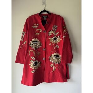 Indigo Moon Vintage Boho Gold Flower Embroidery Longline Jacket Coat M